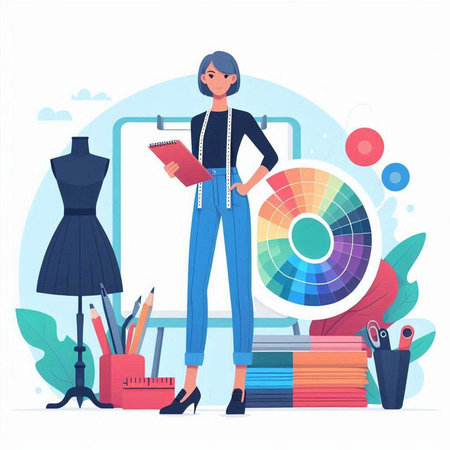 Female fashion designer standing near mannequin, holding notebook and pen. Vector illustrationのイラスト素材