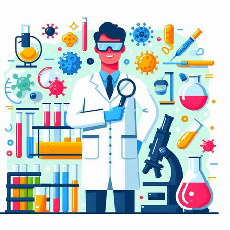Scientist with microscope and flask in laboratory flat style vector illustration.のイラスト素材