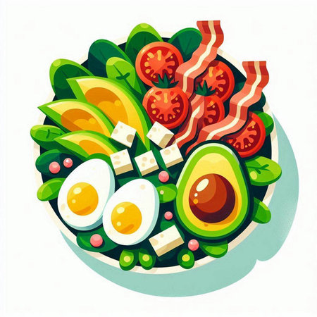 Healthy salad with avocado, tomato, cheese and bacon. Vector illustration.のイラスト素材