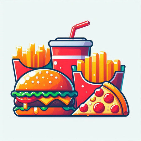 Fast food vector illustration. Hamburger, pizza, soda, french fries.のイラスト素材
