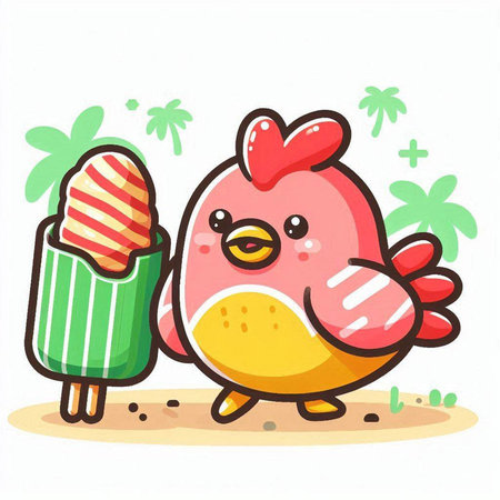 Cute cartoon chicken with ice cream. Vector illustration on white background.のイラスト素材