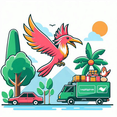 Vector illustration of the flying bird on the background of the car and the palm treesのイラスト素材