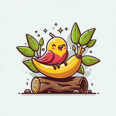 Vector illustration of a cute cartoon bird sitting on a log with leaves.のイラスト素材
