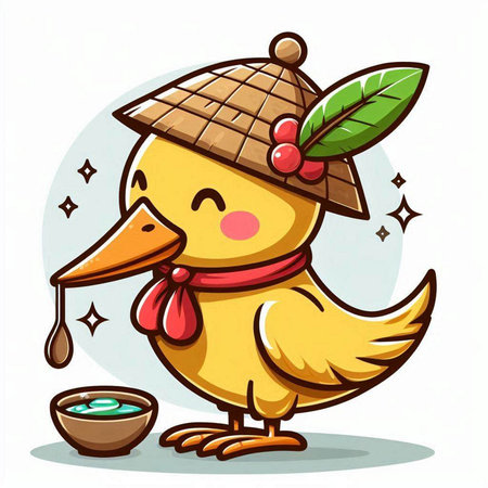 Vector illustration of cute little yellow duckling with bowl of honey.のイラスト素材