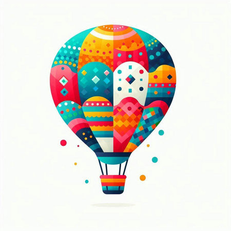 Colorful hot air balloon with geometric pattern on white background. Vector illustration.のイラスト素材