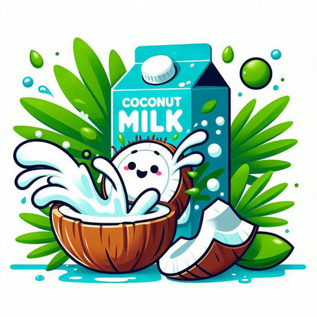 Coconut milk in a carton box with a funny cartoon characterのイラスト素材