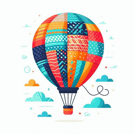Colorful hot air balloon flying in the sky. Vector illustration.のイラスト素材