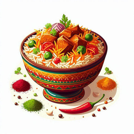 Illustration of a bowl of pilaf with meat, vegetables and spicesのイラスト素材