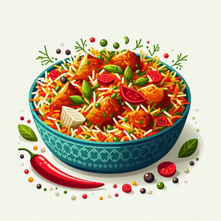 Pilaf with chicken and vegetables in bowl. Vector illustration.のイラスト素材