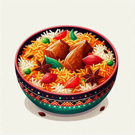 Illustration of a bowl of traditional indian masala rice.のイラスト素材