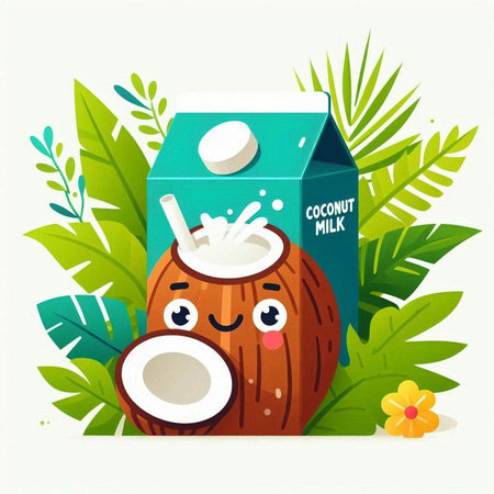 Cute cartoon coconuts and milk box. Vector illustration.のイラスト素材