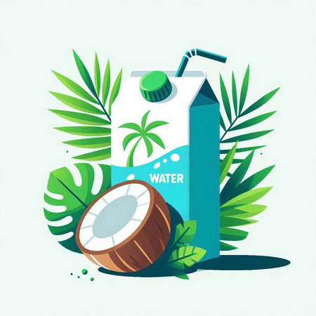 Coconut milk in a bottle with a straw and palm leaves. Vector illustration.のイラスト素材