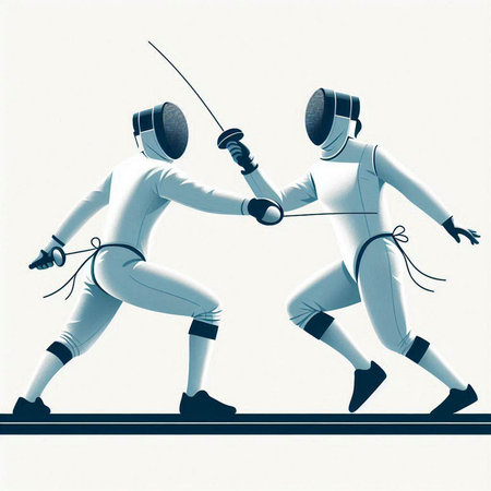 Fencing athletes in action with a sword and a mask. The illustration on a white background.のイラスト素材