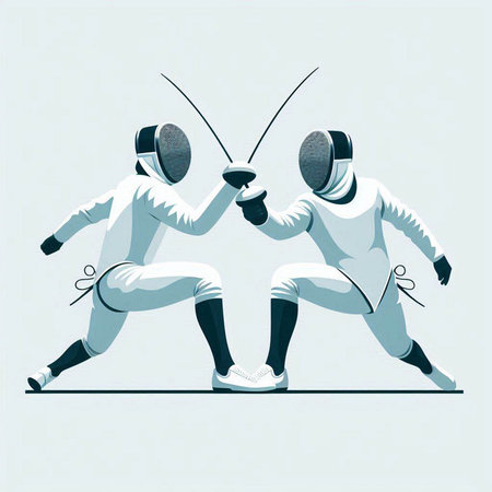 Two young men in fencing suits with swords. Cartoon vector illustration.のイラスト素材