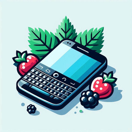 Mobile phone with berries and leaves on blue background. Vector illustration.のイラスト素材
