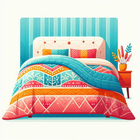 Vector illustration of a double bed with pillows in retro style.のイラスト素材