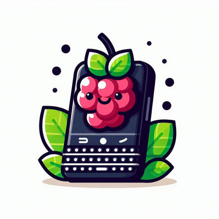 Raspberry cartoon character with smartphone. Vector illustration isolated on white background.のイラスト素材