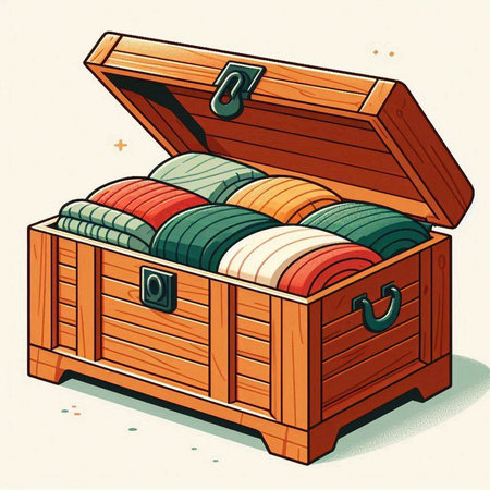 Wooden chest with pillows. Vector illustration in retro style.のイラスト素材
