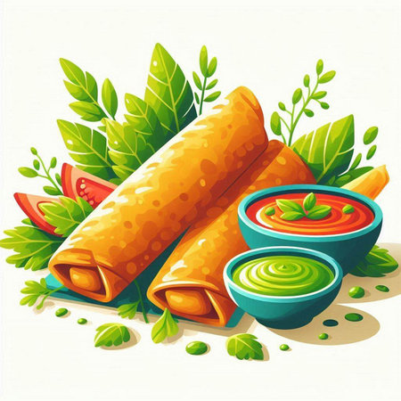 Vector illustration of traditional oriental burritos with tomato sauce and herbsのイラスト素材