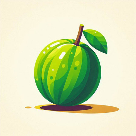 Fruit icon. Vector illustration of a green apple with leaves.のイラスト素材