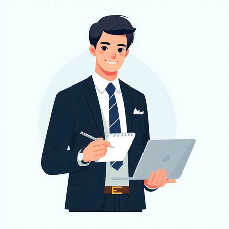 Businessman working with laptop. Vector illustration in flat cartoon style.のイラスト素材