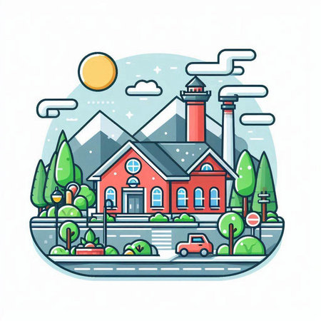 Vector illustration of modern city landscape with house, trees, road, mountains, lake, chimneyのイラスト素材
