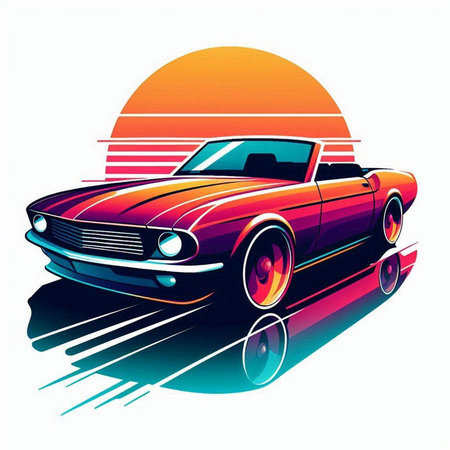 Retro american car on a sunset background. Vector illustration.のイラスト素材
