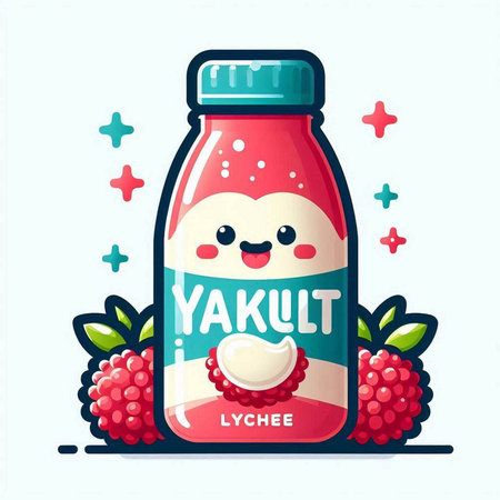 Kawaii strawberry yogurt in a bottle with raspberries. Vector illustration.のイラスト素材