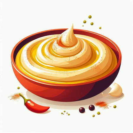 Bowl of hummus and spices on white background. Vector illustration.のイラスト素材
