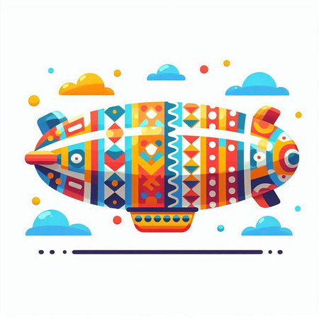 Vector illustration of a stylized multicolored airship in the sky with cloudsのイラスト素材
