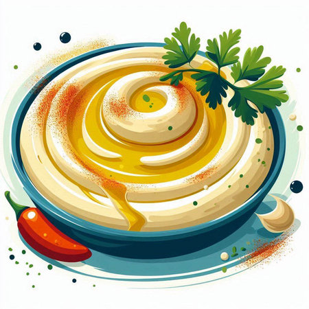Illustration of a bowl of hummus with parsley and paprikaのイラスト素材