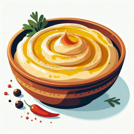 Illustration of hummus in a bowl with paprika and parsleyのイラスト素材