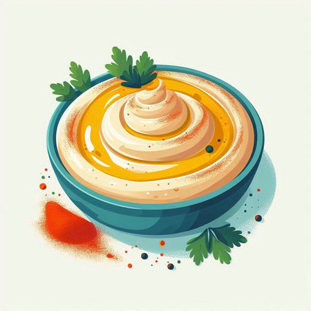 Bowl of hummus with mustard and parsley. Vector illustration.のイラスト素材