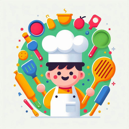 Cute chef boy with cooking tools. Vector illustration in cartoon styleのイラスト素材