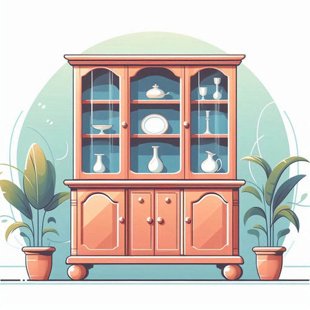 Cabinet with dishes. Vector illustration in flat cartoon style.のイラスト素材