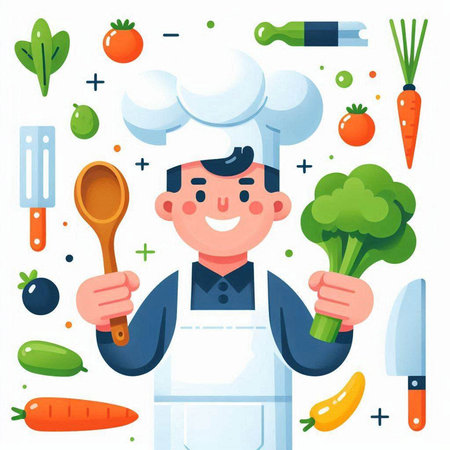 Chef with vegetables. Vector illustration in flat cartoon style on white background.のイラスト素材