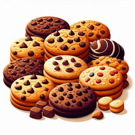 Illustration of a pile of chocolate chip cookies on a white backgroundのイラスト素材