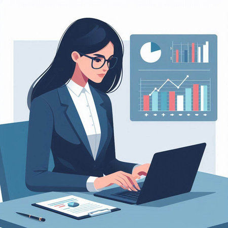 Business woman working with laptop in office. Vector illustration in cartoon styleのイラスト素材