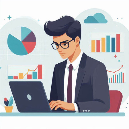 Vector illustration of a young businessman working on laptop in the office.のイラスト素材
