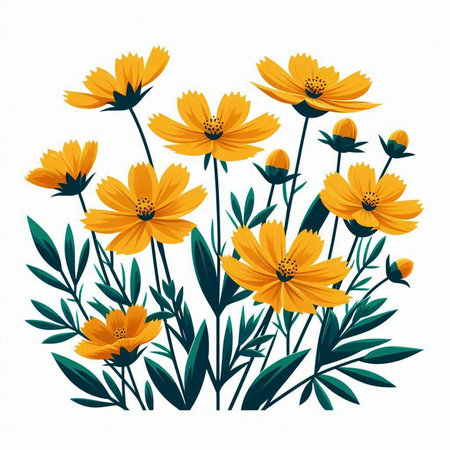 Yellow cosmos flowers isolated on white background. Hand drawn vector illustration.のイラスト素材