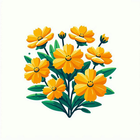 Illustration of yellow flowers with green leaves isolated on white background.のイラスト素材