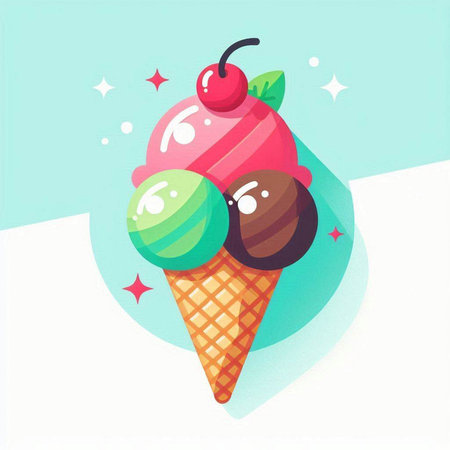 Ice cream with cherry in waffle cone. Colorful vector illustration.のイラスト素材