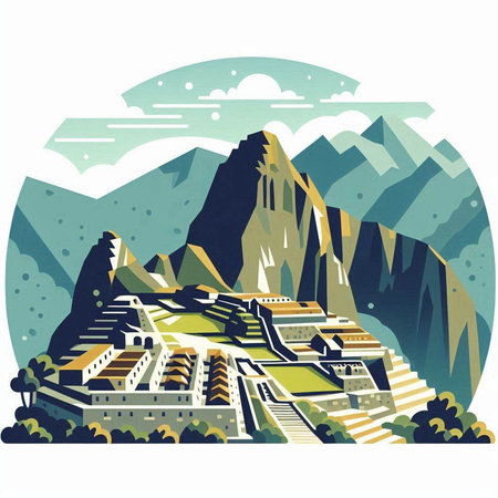 Vector illustration of a mountain landscape with a village in the middle.のイラスト素材
