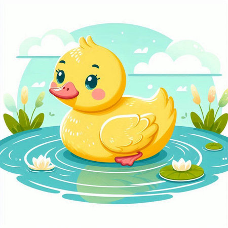 Cute yellow duckling swimming in the pond. Vector illustration.のイラスト素材