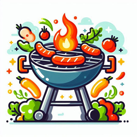 Barbecue grill with sausages, vegetables and mushrooms. Vector illustrationのイラスト素材