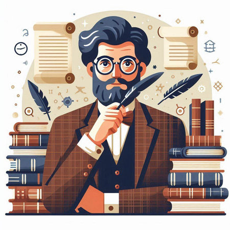 Vector illustration of a writer with a quill in his hands.のイラスト素材