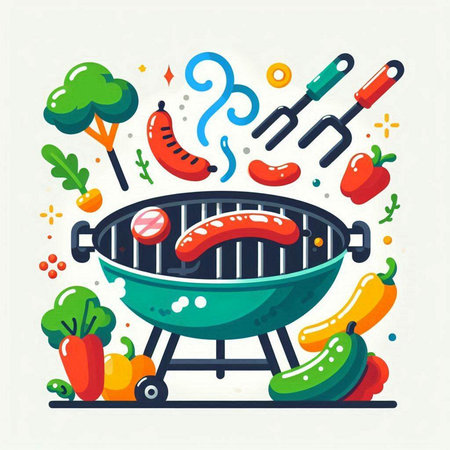 Barbecue grill with sausage, vegetables and spices. Vector illustration.のイラスト素材