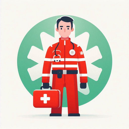 Doctor in medical uniform with first aid kit. Vector illustration in flat styleのイラスト素材