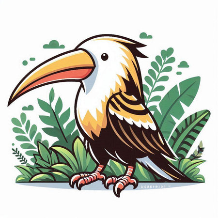 Illustration of a toucan on a background of tropical plants.のイラスト素材