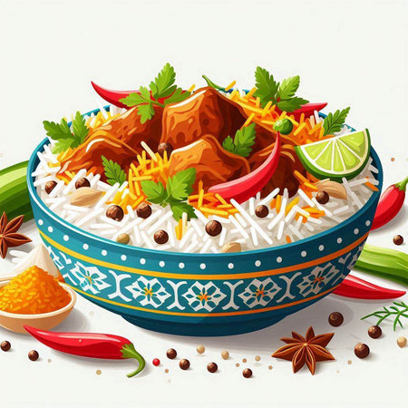 Illustration of a bowl of indian chicken curry with rice and vegetablesのイラスト素材